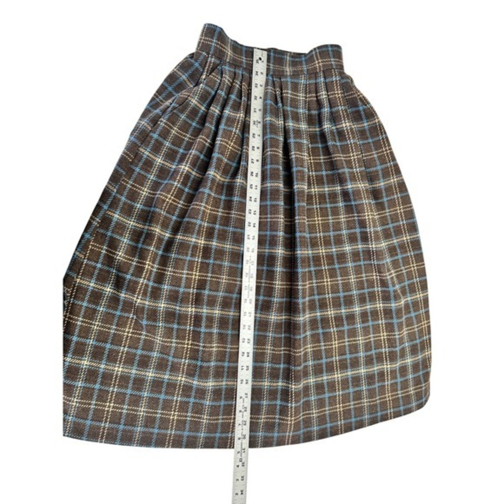 Vintage 70s 80s Plaid Wool Tweed Academic Skirt Brown Midi Length A-Line Sz S - Picture 5 of 10